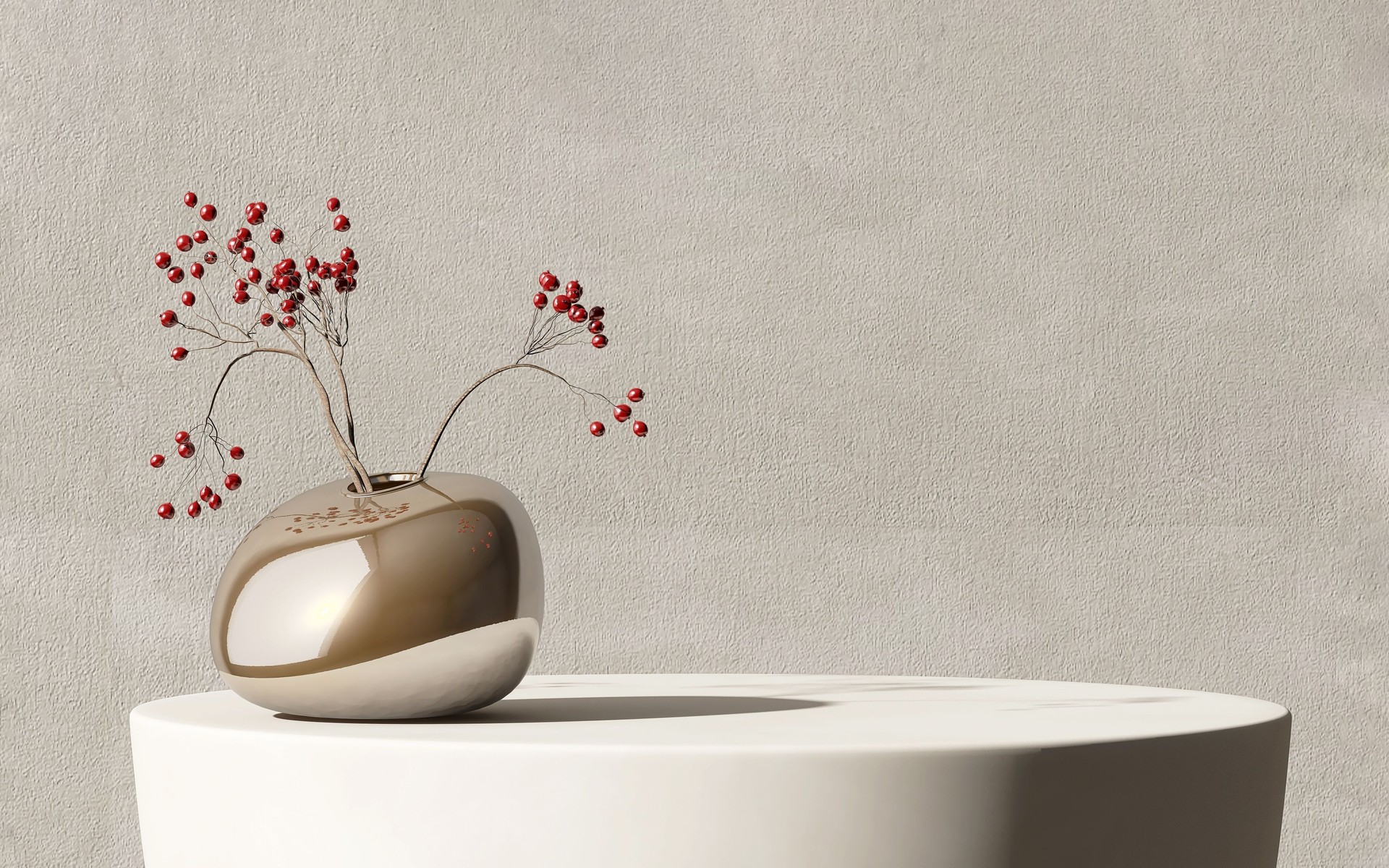 Minimal, modern white round stone podium, red berry bouquet in shiny smooth gold vase in sunlight on concrete wall Minimal, modern white round stone podium, red berry bouquet in shiny smooth gold vase in sunlight on concrete wall